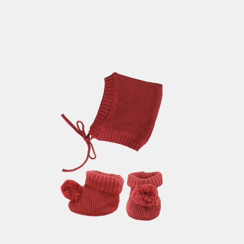 Olli Ella Dinkum Doll Knit Booties and Hat Set | Plum